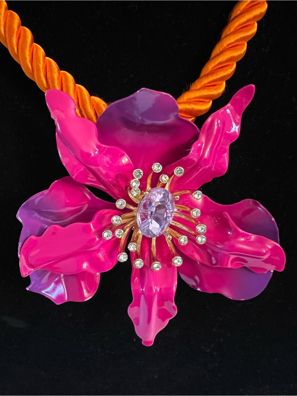 Betsey Johnson Orange Rope Necklace with Hot Pink Floral Pendant - Picture 14 of 16